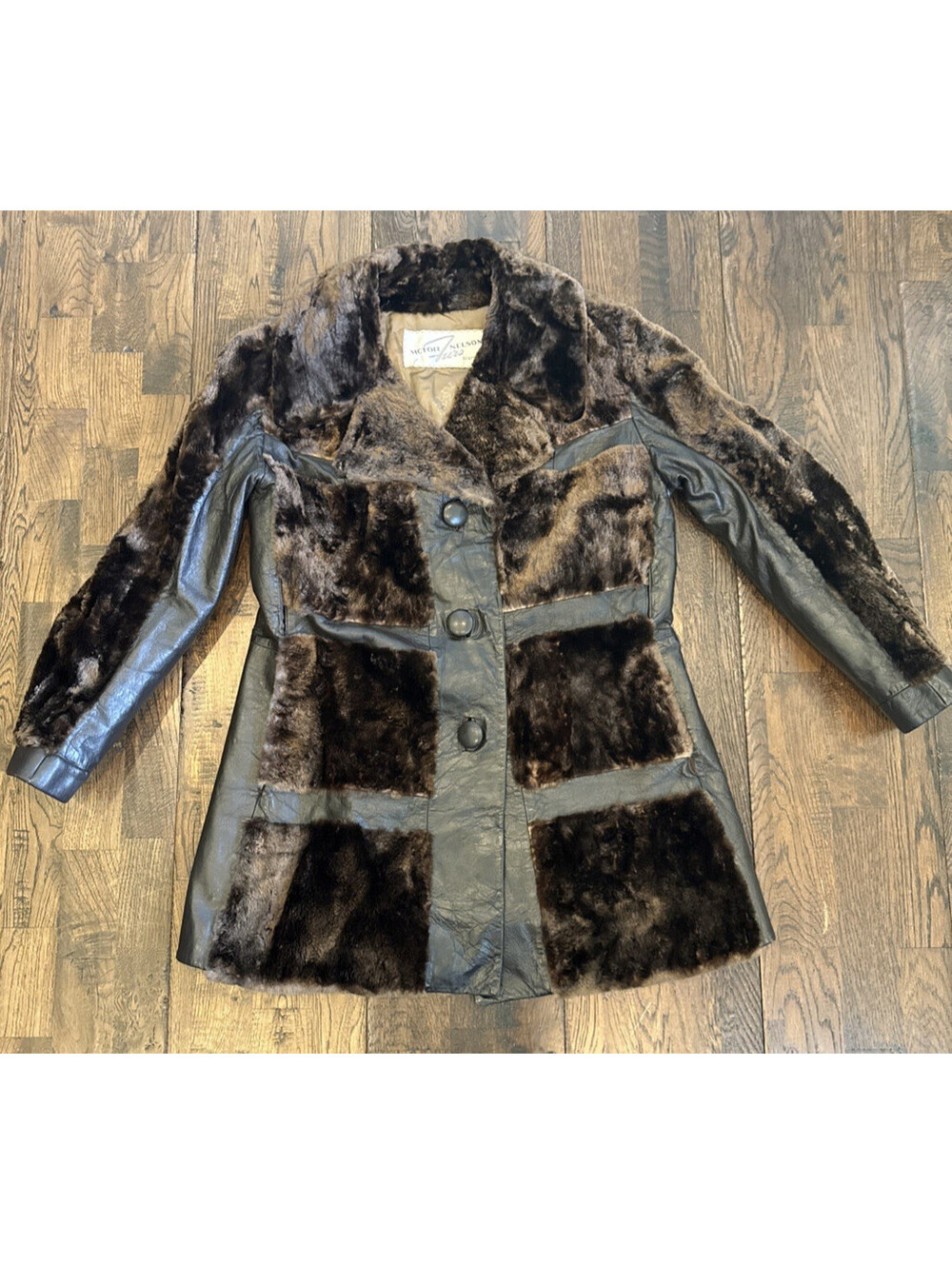Victor Nelson Furs Seattle Sheared Beaver Leather Patchwork Coat Brown Vintage M
